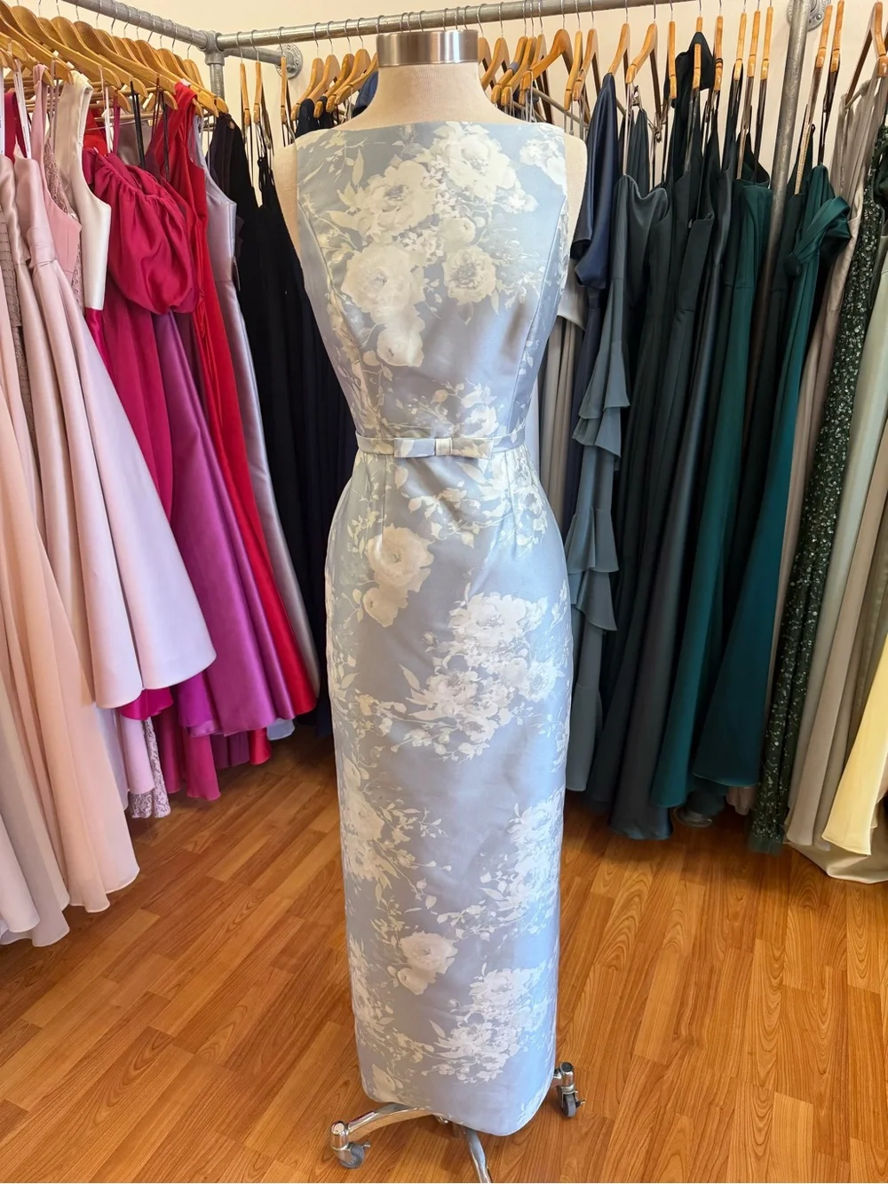 Dessy Betty Elegant Dress in Porcelain Blue Serafina Floral Satin Twill - Picture 3 of 4